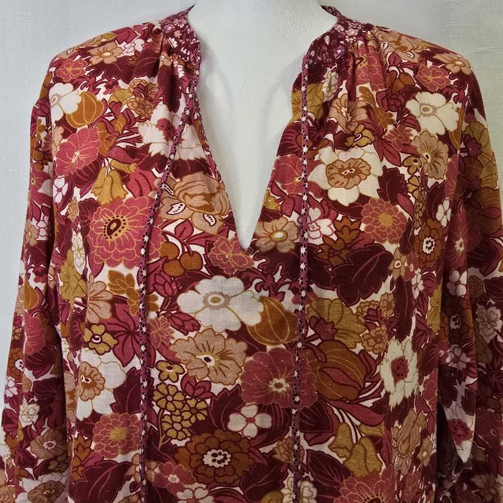 D’ascoli Lulu Dress Size Small Floral Print Cotton Boho Midi Notched Tie Neck - Picture 14 of 15